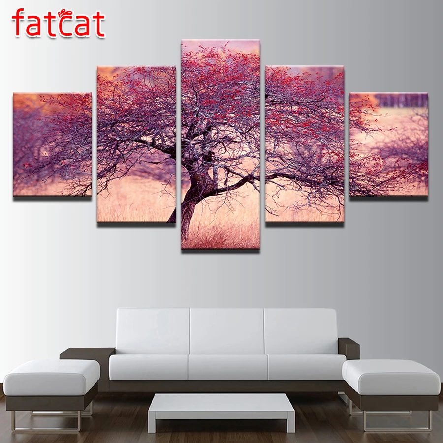 

FATCAT Purple Red Tree 5 Piece Diy Diamond Painting Full Square Round Drill Mosaic Embroidery Sale Needlework Home Decor AE2566