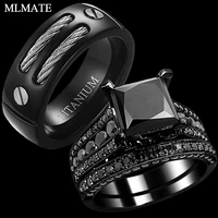 mens ring titanium steel cables inlay and womens black gold princess cut cz wedding engagement band bridal rings set jewelry
