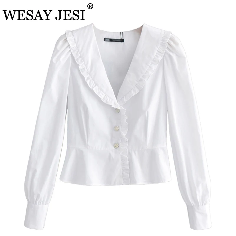 

WESAY JESI 2021 Spring Tops Pure Color Jewelry Button Shirt Single Breasted Simple Casual Long Sleeve Fashion Temperament Shirt