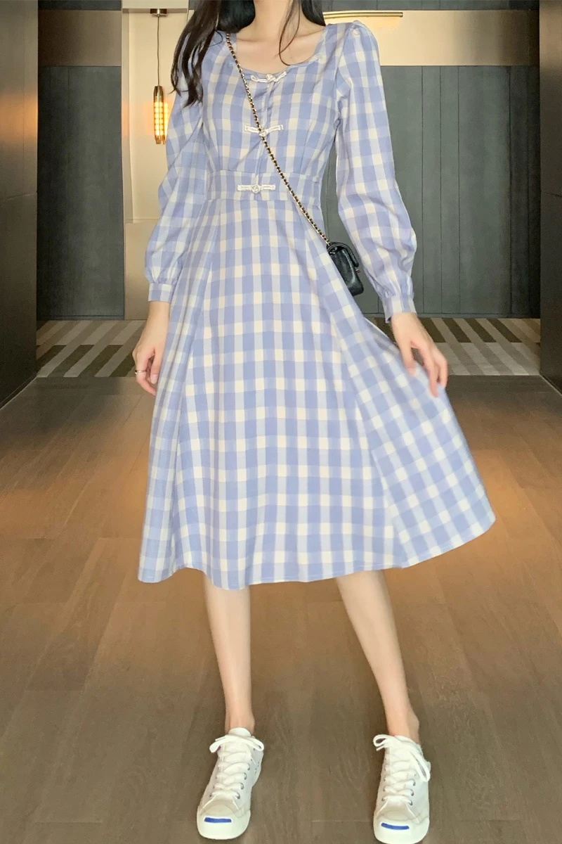 

COIGARSAM French Style Plaid Women dress Spring Vintage Full Sleeve Stand Neck High Waist Dresses Long Brief Paragraph 36756