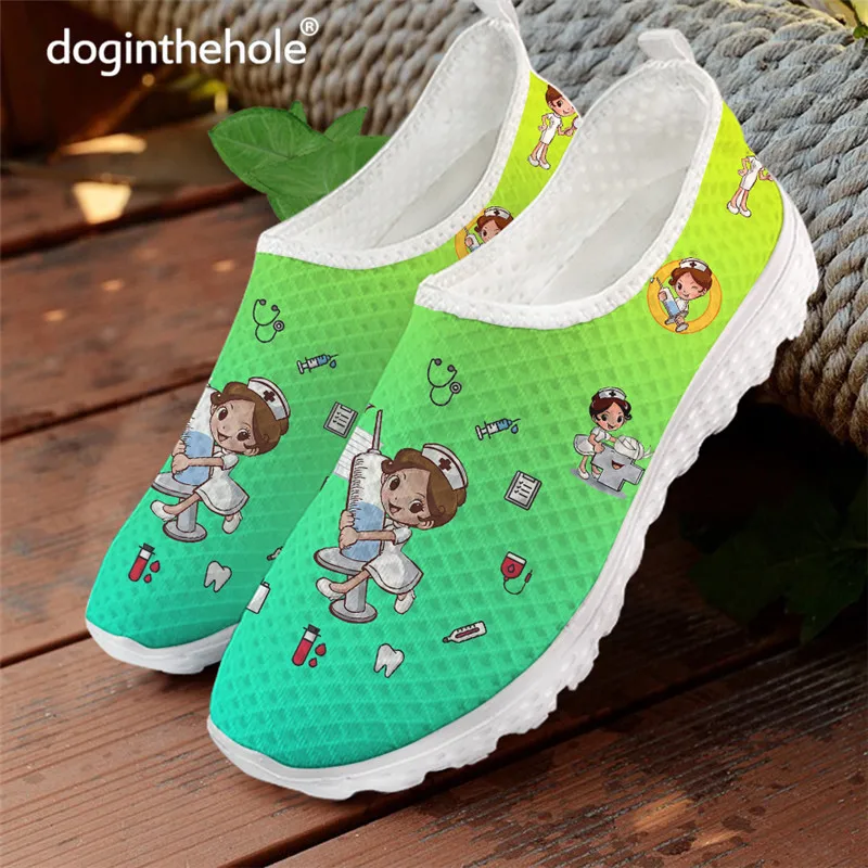 

Doginthehole New Design Nursing Flat Shoes Green Gradient Nurse Medical Print Slip on Sneaker Lightweight Mesh Shoe Mujer