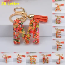 New 26 Letters Bright Fruit Resin Keychain Charm Women Fashion Handbag Ornaments With Tassel Key Ring Chic Accessories Gift