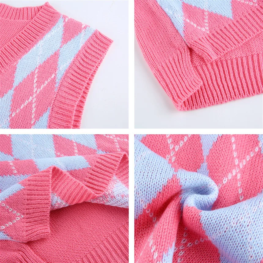 

Women Spring Sleeveless Sweater Sungtin Casual Argyle Elastic Knitted Vest Vest Female V Neck Pink Diamond Waistcoat Plaid Tank
