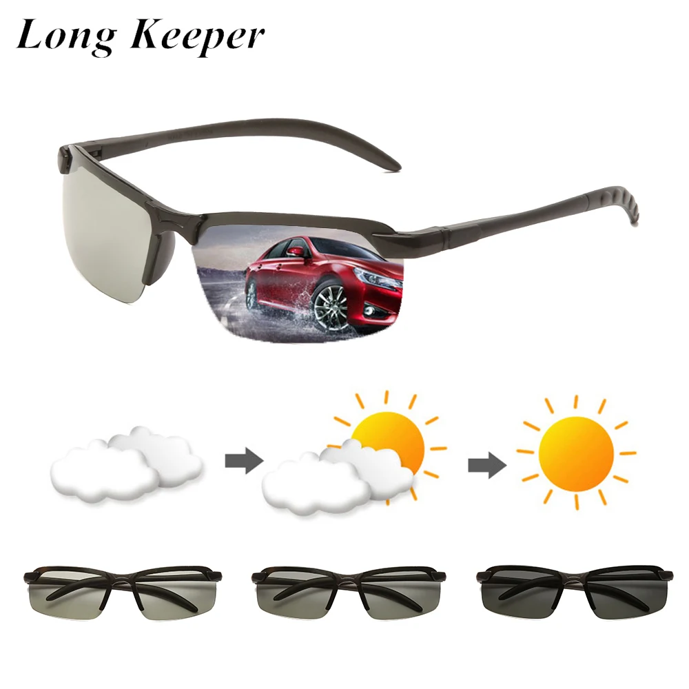

LongKeeper Photochromic Sunglasses Men Polarized Chameleon Sun Glasses Male Semi-rimless PC Driving Eyeware gafas de sol hombre
