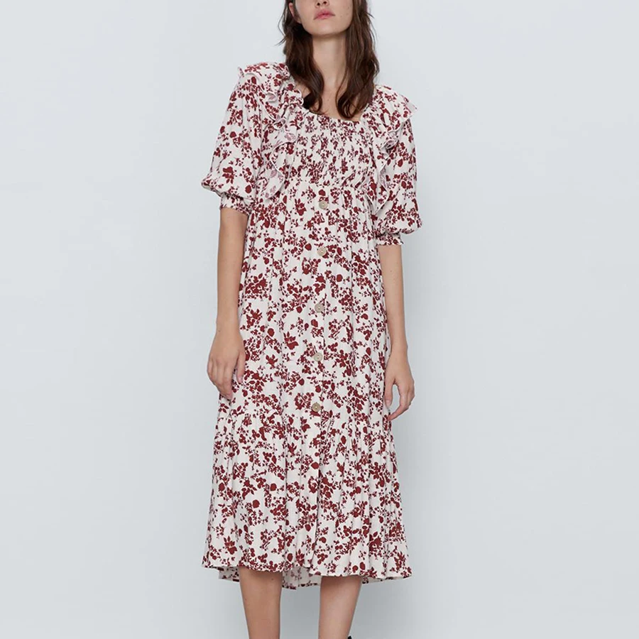 Женское винтажное платье миди с оборками открытыми плечами и