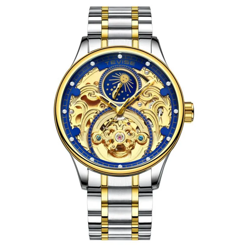 TEVISE часы Moon phase полые tourbillon автоматические механические наручные часы из нержавеющей стали мужские часы браслет часы - Цвет: Color 03