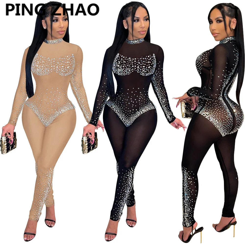 

PING ZHAO Sexy Night Party Club Women Black Lace Sheer Mesh Jumpsuit Casual Rhinestone Long Sleeve Bodycon Rompers