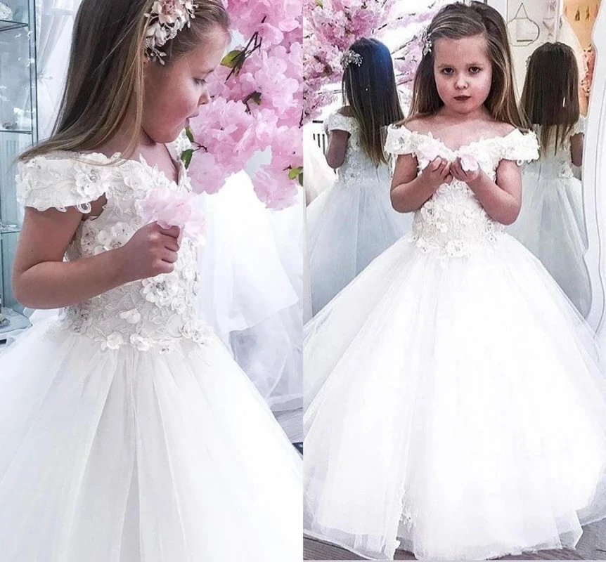 

White Lace Flower Girl Dresses Off Shoulder 3D Floral Appliques Beads Princess Little Girls Pageant Gown First Communion Dress