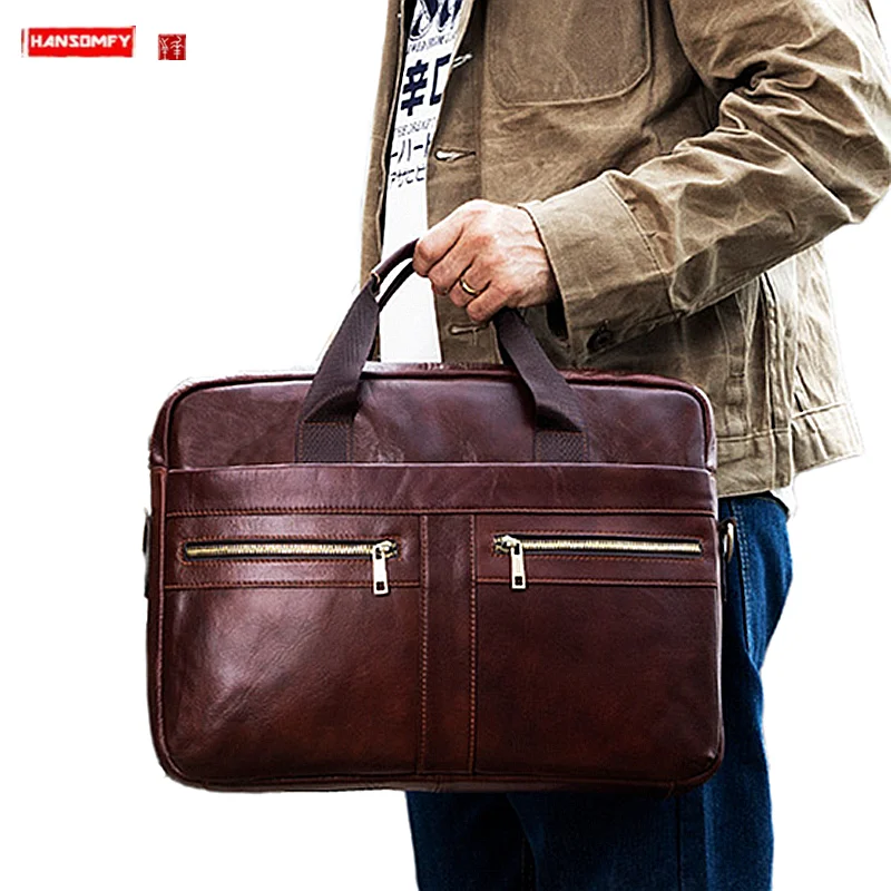 

Soft Genuine Leather Men's Briefcase 15.6 Inch Laptop Bag Men Handbags Travel Shoulder Bag Cowhide Multifunctional Portable Bags