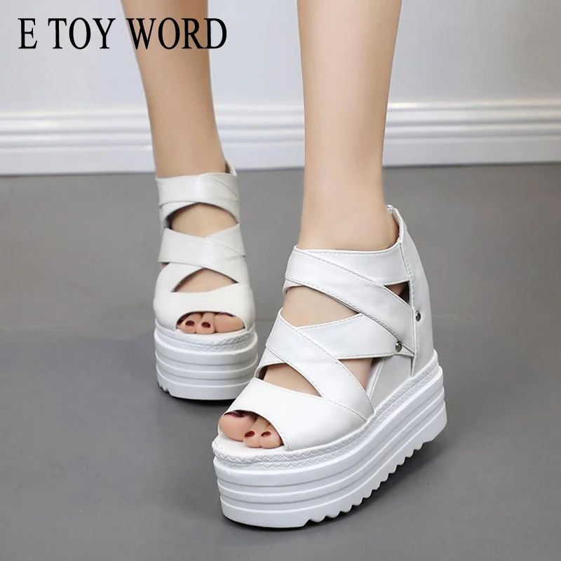E TOY/летние женские босоножки Цвет черный белый Босоножки на платформе модные