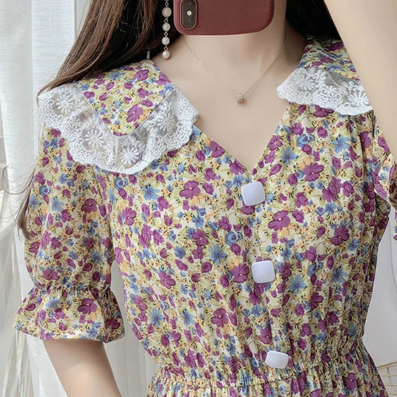 

NEW Dress Women Soft V-neck Lace Design Summer Tunic Vintage Ulzzang Chiffon Streetwear Womens Lovely Popular Ins Elegant Chic P