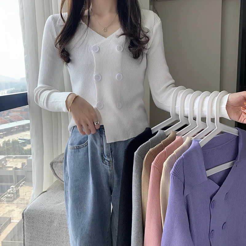 Женский двубортный вязаный кардиган осенне зимний Свободный 150 см верхняя одежда