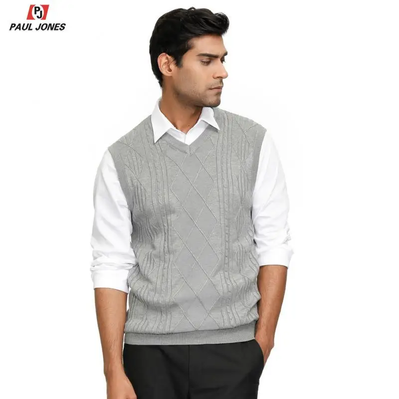Мужской вязаный свитер без рукавов с v образным вырезом PAUL JONES узором стильный