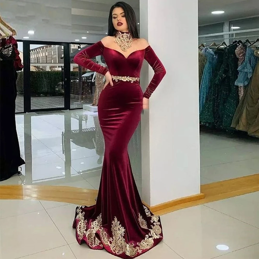 

Red Wine Moroccan Kaftan Evening Dress Mermaid Formal Dubai Formal Charming Gold Appliques Celebrity Dresses Plus Size 2022