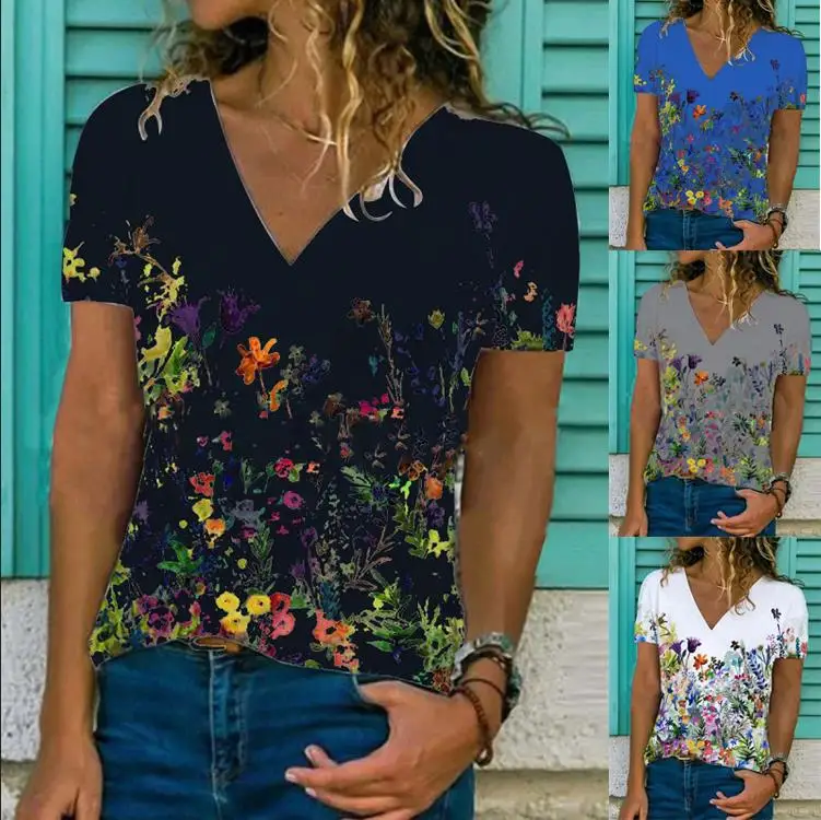 

Женский пуловер с принтом, летняя рубашка с V-образным вырезом, Приталенный топ с коротким рукавом, модная футболка, Одежда большого размера