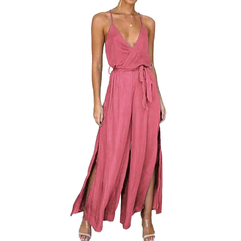 

Sexy Solid Jumpsuits Women V Neck Split Straps Long Rompers For Women 2021 Summer Backless Beach Loose Jumpsuit Female LD2082