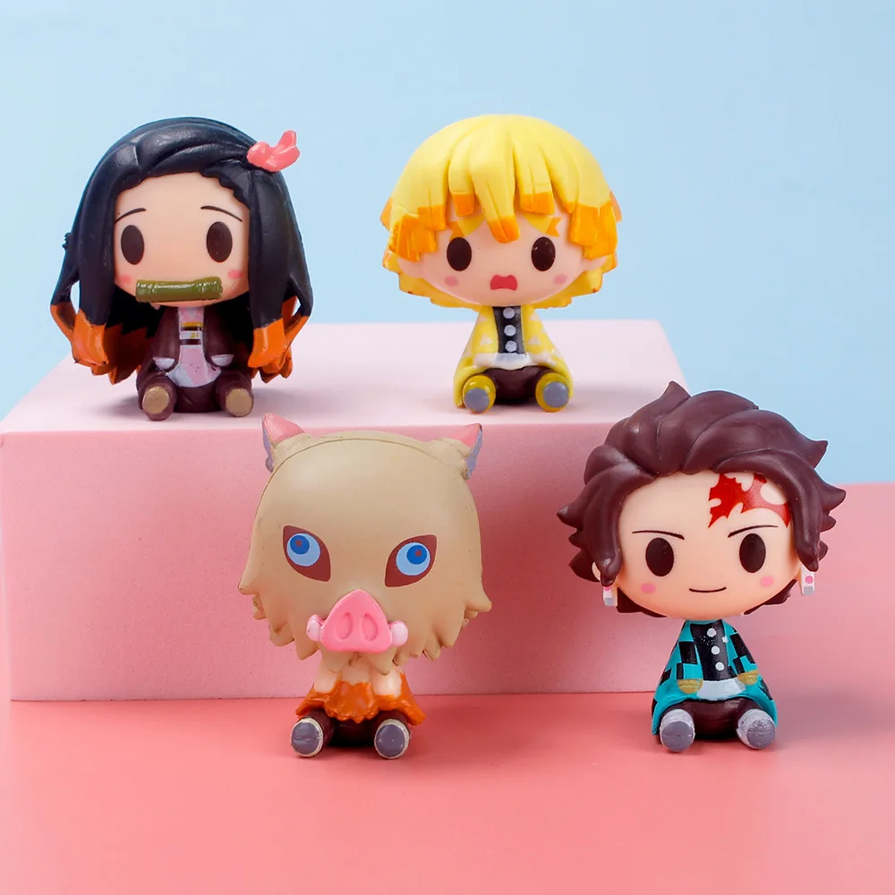 Кукла действий 4 шт. Demon Slayer Kimetsu No Yaiba Танджиро Нэзуко Зенитсу Q Version Kawaii Movie Model Kid Toys Doll.