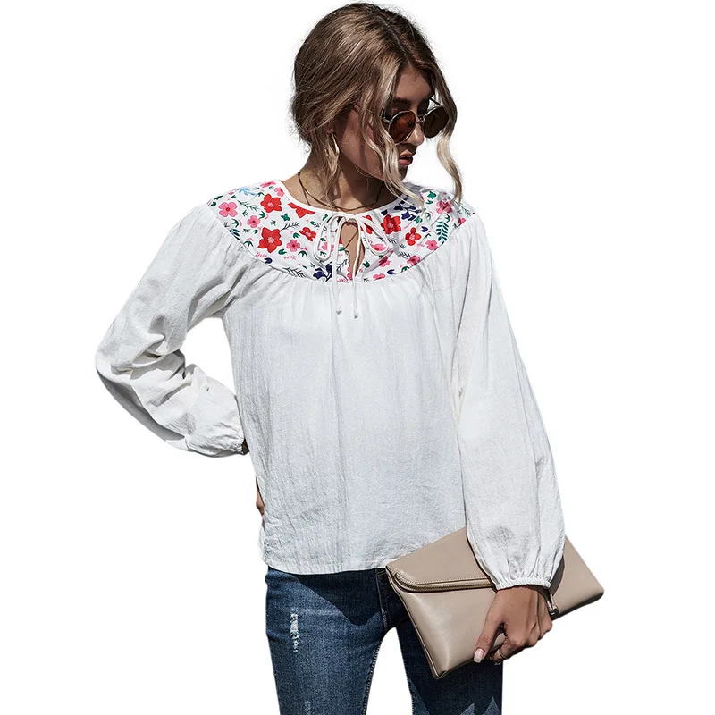 

2020 Autumn Cotton and Linen Embroidery Slimming Shirt Loose Artistic T-shirt Linen Retro Long-Sleeved Female Shirt