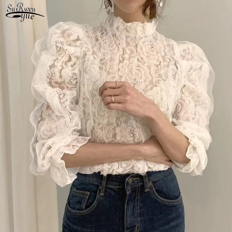 

Новинка, модная кружевная блузка в Корейском стиле, женские элегантные однотонные кружевные топы для офиса, пуловер с воротником-стойкой, ж...