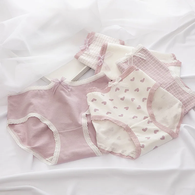 Cute Pink Cartoon Bow Underwear Women Panties Lace Cotton Soft Breathable Girls Physiological Briefs Lingerie UW49