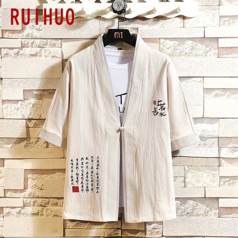

RUIHUO Character Kimono Men Clothing Summer Kimono Cardigan Tops Japanese Streetwear Men Shirt Short Sleeve M-5XL 2021 New