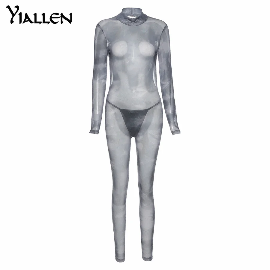 

Yiallen Autumn Fashion Print Sexy Hollow Out Backless Women Jumpsuit New Casual Long Sleeve Turtleneck Mesh Streetwear Romper