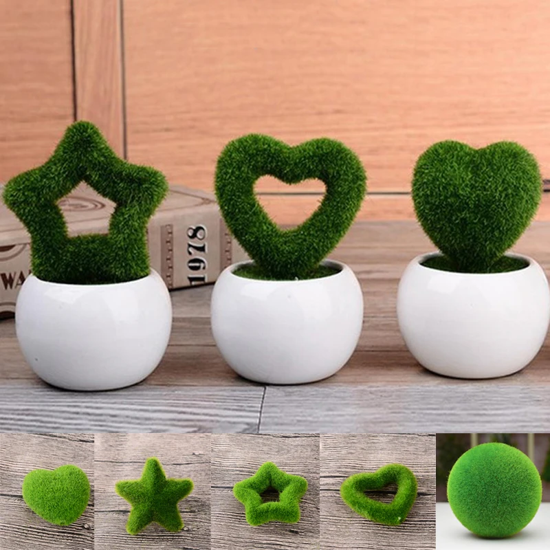 Artificial Simulation Green Potted Plant Flocking Love Heart Star Ball Bonsai Fake Flower Grass Home Garden Party Decorations |