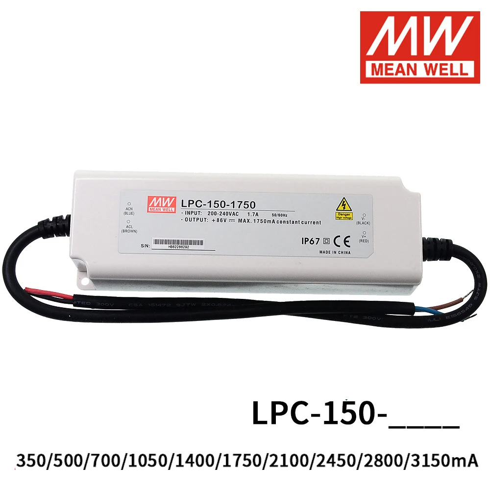 Бренд MEAN WELL представляет LPC-150 150W 350/500/700/1050/1400/1750/2100/2480/2800/3150mA один Выход