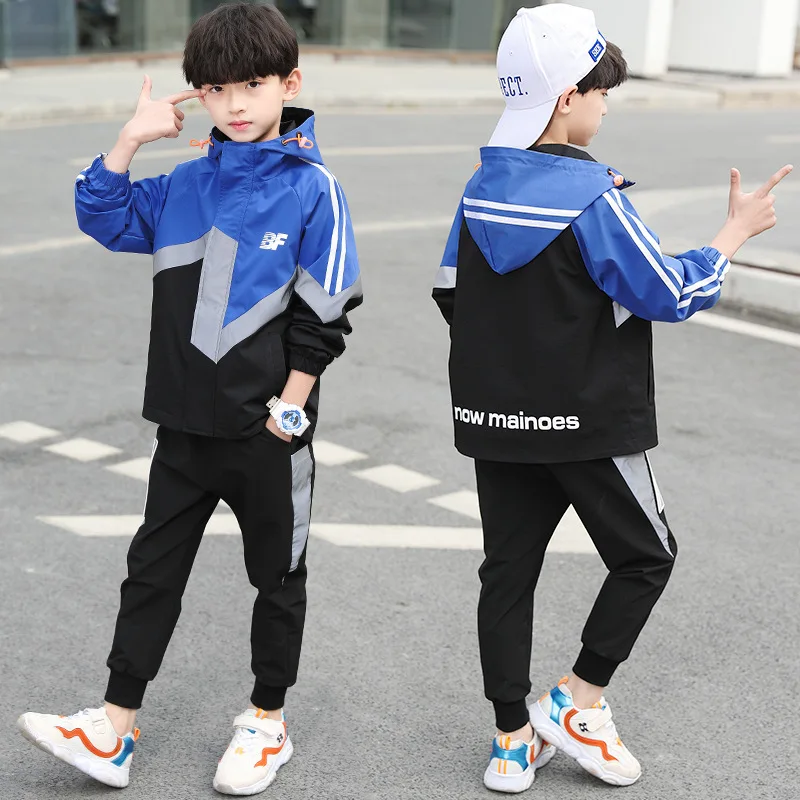 

Boys Spring Autumn Kids Clothes Cotton School Uniform Sport Suit Big Boys Stripe Patchwork Hooded jacket + Sport Pants Sets