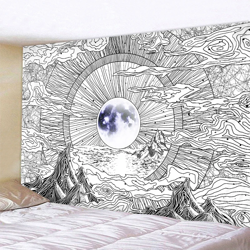 

Гобелен с солнцем и луной, черно-белая мандала, настенный подвесной Небесный гобелен, хиппи, украшение для спальни, психоделический