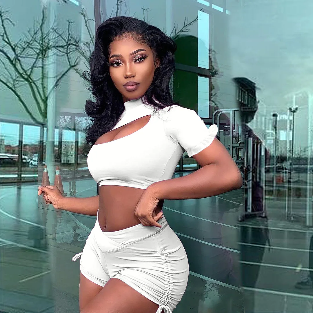 

Женский спортивный костюм из двух предметов, повседневный однотонный укороченный топ на шнуровке с оборками на рукавах и шорты с рюшами