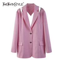 twotwinstyle hollow out patchwork diamond blazer for women notched long sleeve casual solid blazers female fashion new clothes