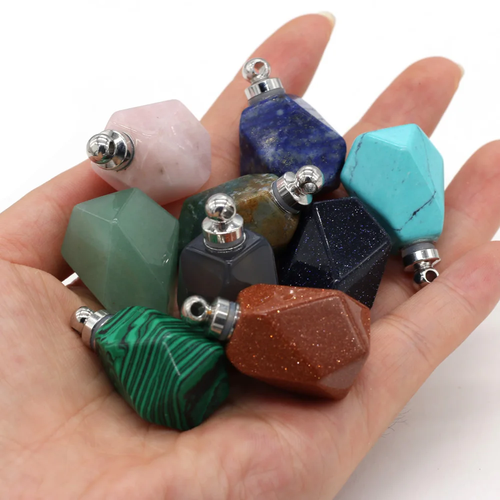 

1pcs Natural Stone Agates Quartz Perfume Bottle Connector Lapis Lazuli Pendant Essential Oil Diffuser Necklace Jewelry 25x37mm