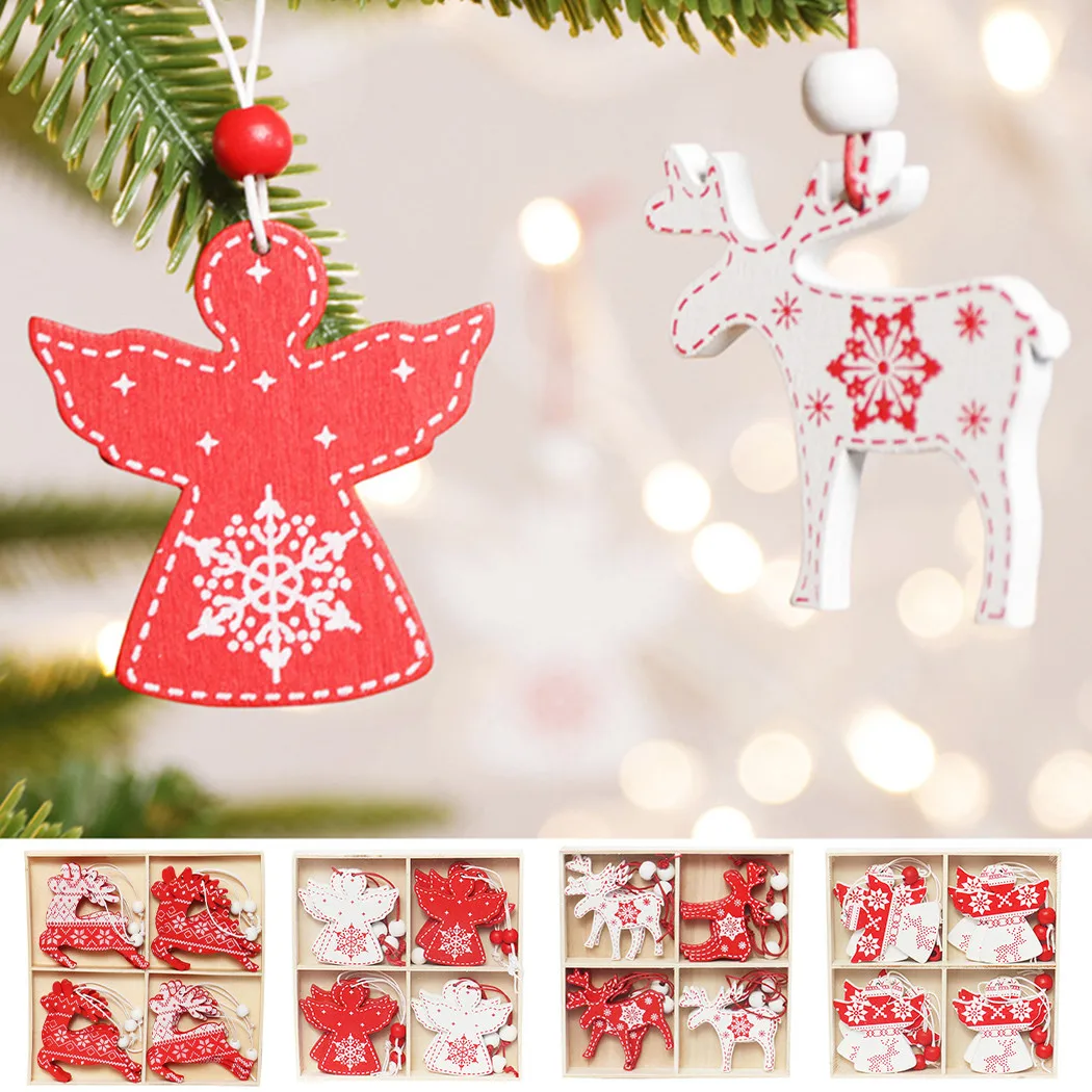 

12pcs/set Christmas Wooden Tree Ornaments With Strings Decoration For DIY Crafts Xmas Tags Festival Gifts Christmas Decoration