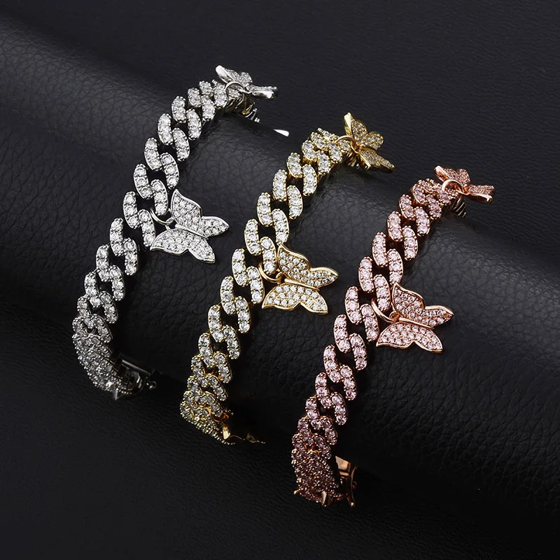 Zciti New Butterfly Bracelet Miami Cuban Iced Cubic Zirconia Hip Hop Chain Choker Jewelry Gift For Women | Украшения и аксессуары
