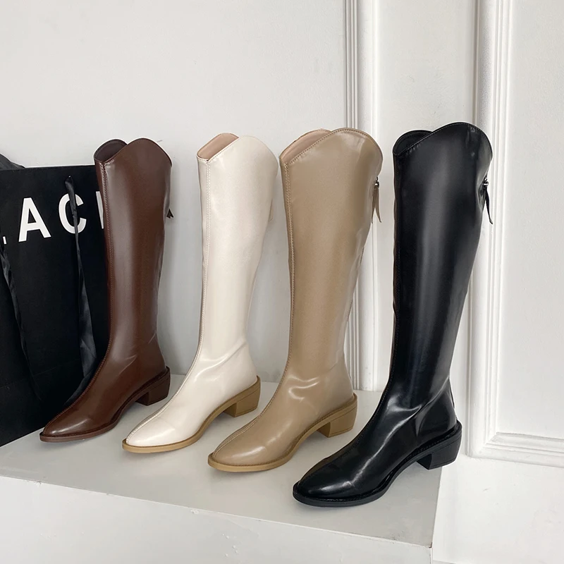 

Женские высокие сапоги до бедра, черные повседневные сапоги до колена на квадратном каблуке, на молнии, зимняя обувь, 2021