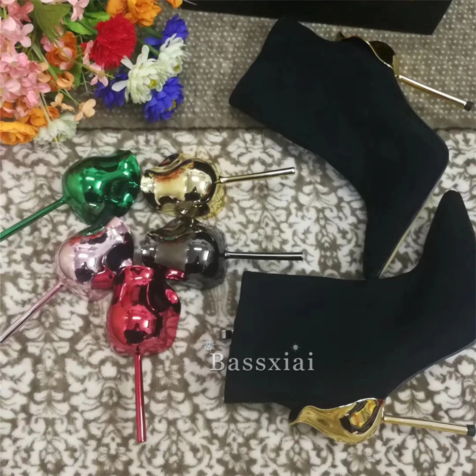 

Luxury Suede Winter Boots For Girls Women Metal Leaf Thin High Heels Side Zip Pointed Toe Short Booties For Woman