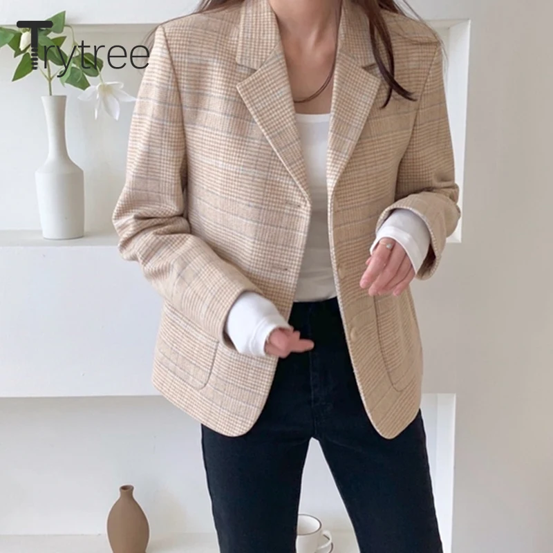 

Trytree Autumn Winter Women Casual Coat Turn-down Collar Plaid Single Breasted Pockets Fashion Apricot Office Lady Suit Coat