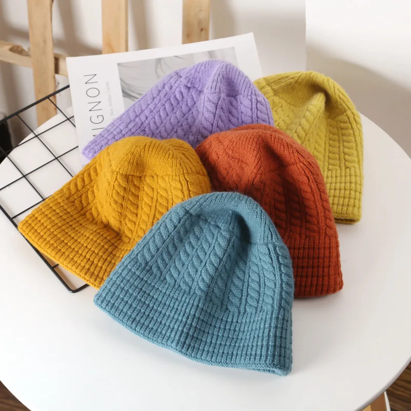 

Women Hat Winter Keep Warm Fisherman Hat Simple Solid Color Caps Knitted Bucket Caps Vintage Trendy Hat Men All-match Cap Unisex