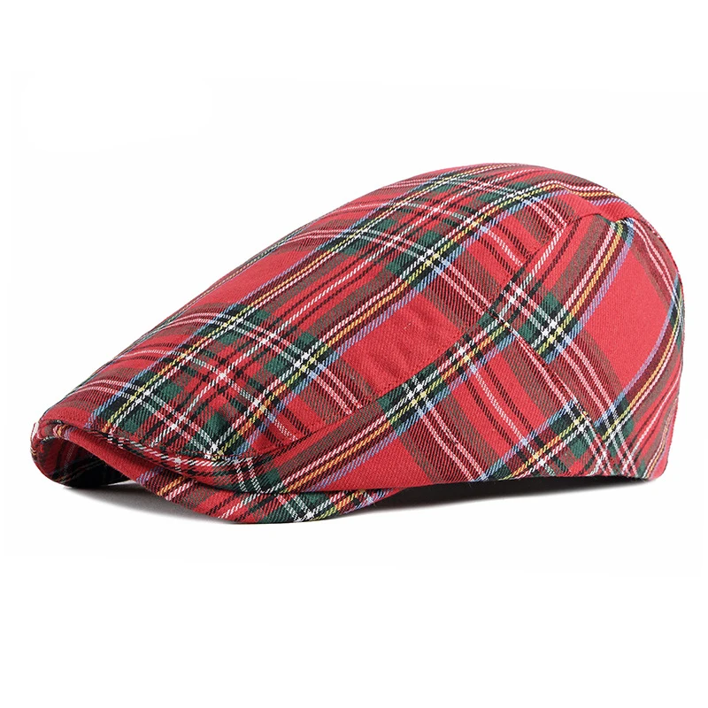 

Wuaumx Fashion Fine Stripe Lattice Berets Hat Women Men Spring Summer Plaid Visors Red Green Blue Duckbill Herringbone Flat Cap