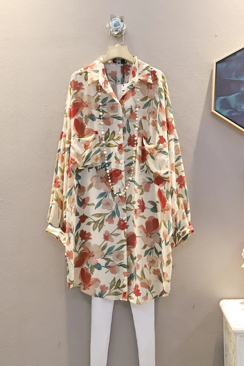 

2021 Summer Korean Casual Fashion Lapel Chiffon Floral Shirt Dress Women Vintage Long Sleeve Loose Oversized Blouse Cardigan
