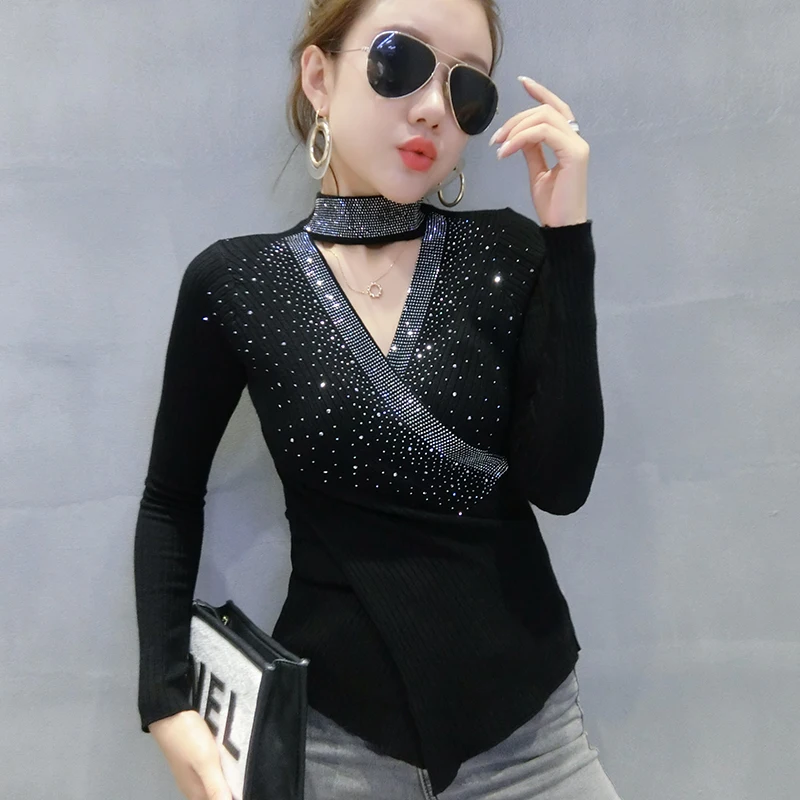 

#6506 Black White Red Turtleneck Women Knitted Sweater Hollow Out Sexy Knitwear Sweater Irregular Basic Pullover Women Diamonds