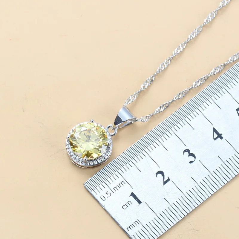 Очаровательный женский модный костюм, 925 пробы, серебро, желтый, циркон, Круглый, ювелирный набор, свисающие серьги, ожерелье и кольцо, наборы