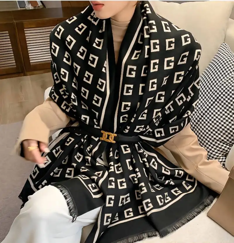 

2021 Cotton Lady Big Shawl Imitation Cashmere Scarf Autumn And Winter Thickening Warm Letter Printing Shawl Double-sided scarf