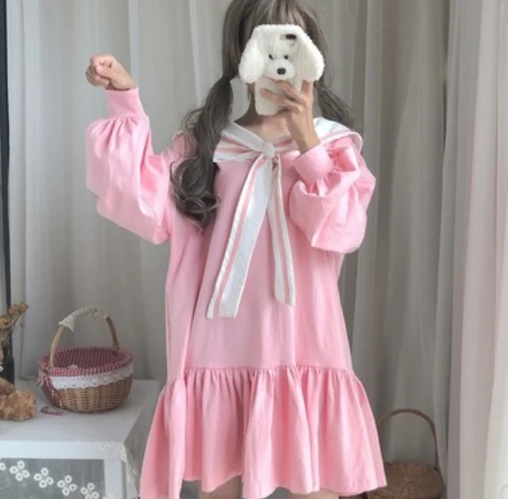 

Japanese sweet Autumn ruffle pink lolita op derss soft girl kawaii preppy style bowknot temperament JK college uniform dress