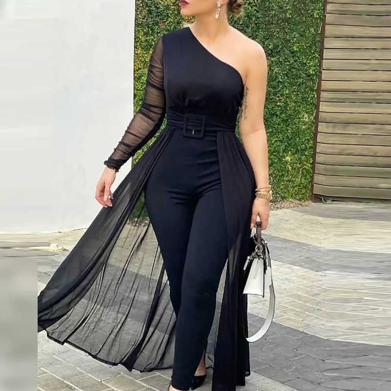 

Spring Elegant Mesh Cloak Women Jumpsuits Sexy Solid One Shoulder Bodysuits Rompers 2021 Vintage Autumn Slim Fit Party Playsuits