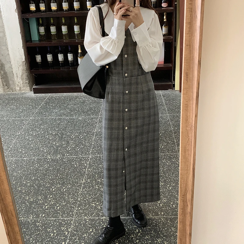 

Alien Kitty 2020 New Retro Women Dresses Plaid Patchwork Peter pan Collar Long Autumn Elegant Cotton Vestidos