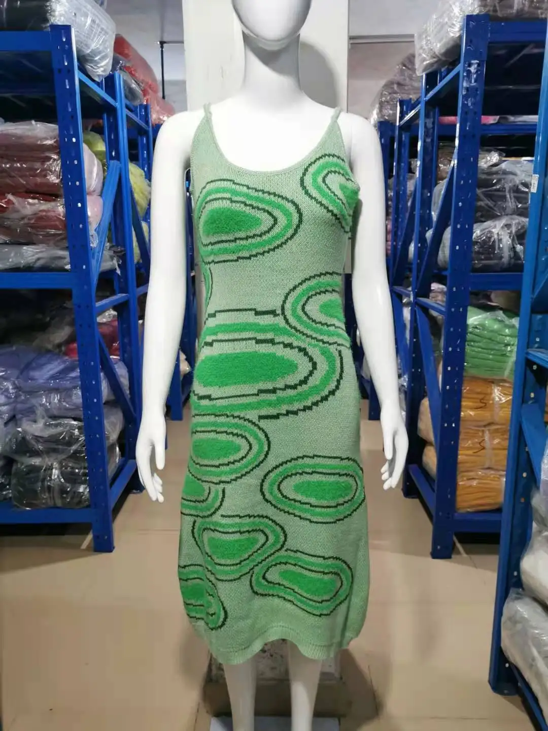 

Fashion Casual Print Knit Bodycon Dress Women Green Hollow Out Sexy Sleeveless Spaghetti Strap Beach Club Party Midi Dress