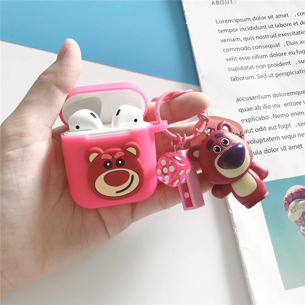 Lotso История игрушек Базз Лайтер Вуди лотсо клубничный медведь зеленый инопланетянин чехол для Apple Airpods 1 2 Силиконовый мультяшный чехол с брелоком - Цвет: Lotso