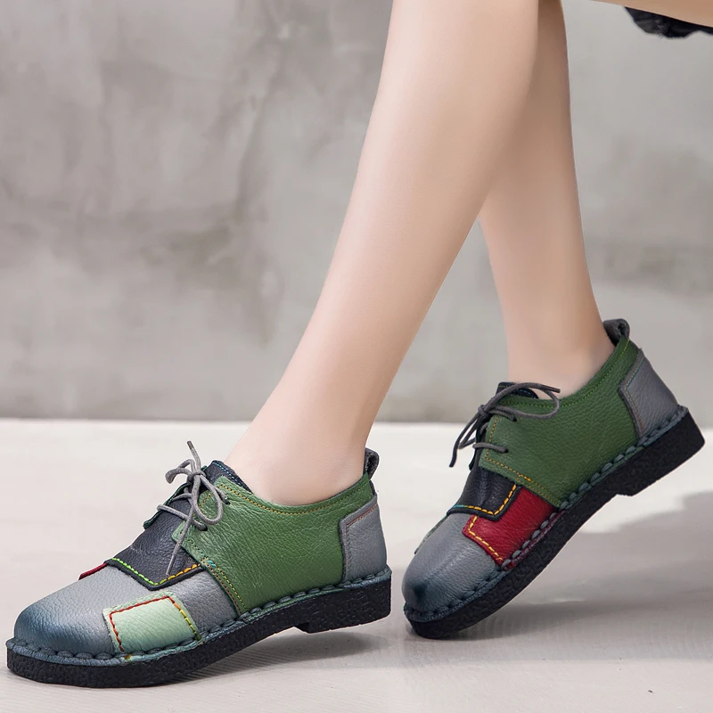Handmade Women's Shoes Genuine Leather Lace-Up Loafers Patches Stitching Soft Comfortable Casual Women Flats | Обувь